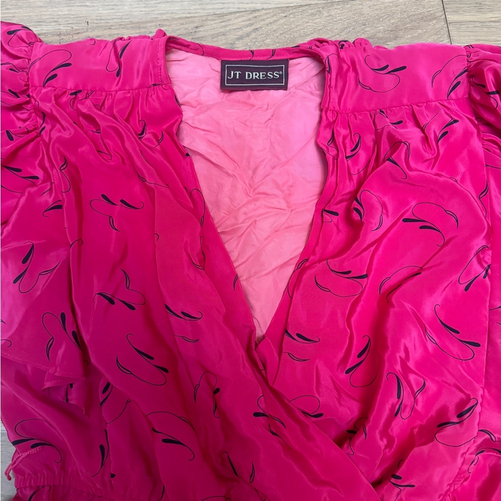 vintage 80s jumpsuit, barbie pink with ruffle